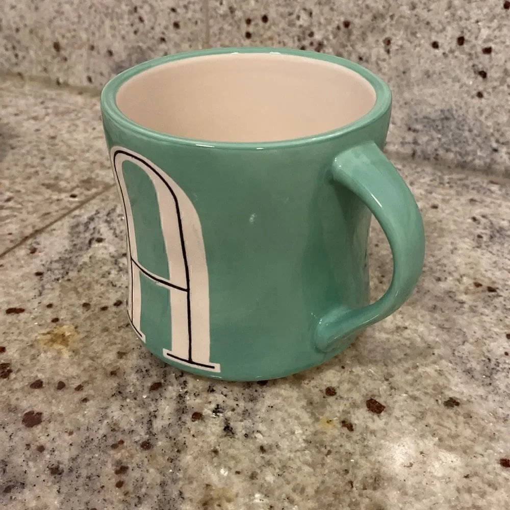 Anthropologie Hand Painted Letter A Monogram Green Ceramic Coffee Tea Mug